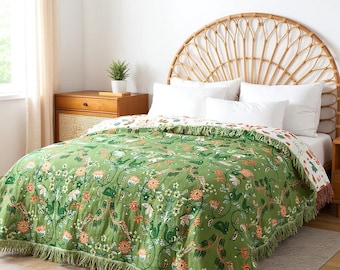Boho Cotton Throw Blanket | Reversible Fringed Bedspread Quilt | Floral Botanical Sofa Couch Cover | Lightweight All Season Vintage Style