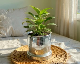 Disco Ball Planter Pot with Drainage Saucer | Reflective Mirror Vase | Retro Flower Pot | Houseplant Decor | Succulent Pot