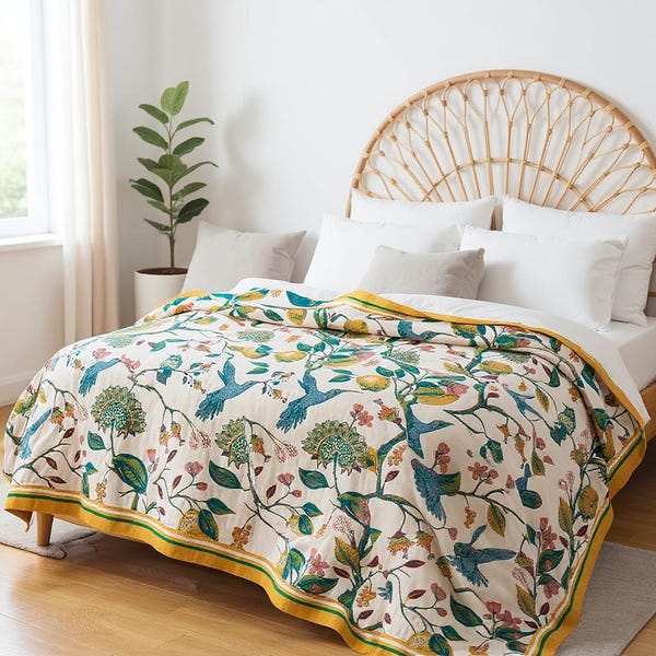 Boho Cotton Gauze Blanket | Muslin Floral Throw Quilt | Lightweight Summer Bedspread | Soft Breathable All-Season Coverlet for Home Decor