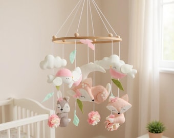 Woodland Baby Girl Nursery Mobile | Pink Fawn Deer Fox Bunny Felt Crib Mobile | Forest Animal Newborn Decor for Baby Room