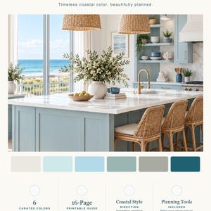 May include: A Harbor Hues coastal color palette guide featuring a 16-page printable document with 6 curated colors. The design includes text, a kitchen interior photograph, and color swatches in shades of beige, light blue, gray, and dark teal.