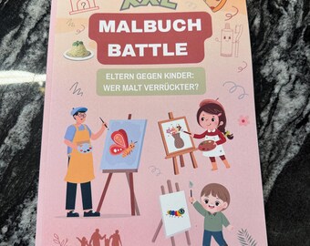 Puede incluir: Un libro para colorear de color rosa titulado "XXL Malbuch Battle" con ilustraciones de niños y adultos pintando. La portada presenta el texto "Eltern gegen Kinder: Wer malt verrückter?" e imágenes de materiales de arte y comida.