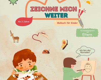 Może przedstawiać: Okładka książki do kolorowania dla dzieci z tytułem "ZEICHNE MICH WEITER" w kolorze pomarańczowym i czerwonym. Okładka zawiera ilustracje jelenia, biedronki, motyla i dzieci rysujących. Tekst zawiera "Ab 3 Jahre" i "Malbuch für Kinder".