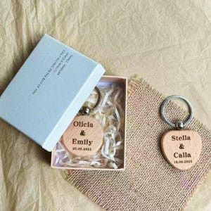 Peut inclure: Deux porte-clés en bois, un rond et un en forme de cœur, avec des noms et des dates gravés. Le porte-clés rond est dans une boîte bleu clair avec du texte. Le porte-clés en forme de cœur est sur une surface en toile de jute.