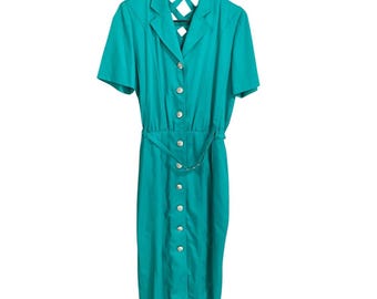 Vintage 1980s Teal Midi Dress – Button‑Down, Short Sleeves, Collar, Shoulder Pads & Pockets