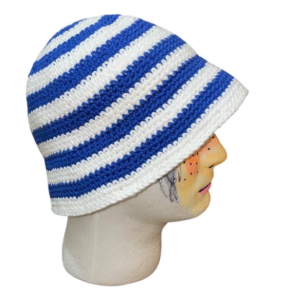 Handmade Crochet Bucket Hat With Stripes – Cotton – Blue and  display picture 2