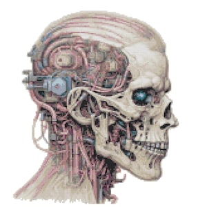 ターミネーター T-800 の生物学的イラスト クロスステッチ パターン PDF チャート AI SF アートワーク ユニークな DIY プロジェクト