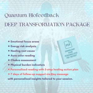 Può includere: Grafica digitale con il testo "Quantum Biofeedback DEEP TRANSFORMATION PACKAGE". Include un'icona PDF con "Download Your Personalized PDF Report". L'immagine elenca servizi come aree di interesse emotivo e analisi del rischio energetico.