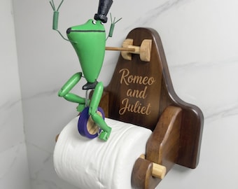 Handcrafted Whimsical Frog Unicycle Toilet Paper Holder, Wooden Bathroom Decor