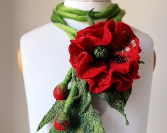 Long Statement Necklace 200 cm with Detachable Red Poppy Brooch, Handmade Felt Flower Necklace, Wearable Art, Gift for Her