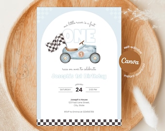 Fast One Birthday Invitation: Editable 1st Birthday Race Car Theme (Printable and Digital | Instant Download)
