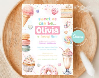 Könnte beinhalten: Eine farbenfrohe Geburtstagseinladung mit Dessert-Motiv. Die Einladung zeigt Illustrationen von Eis, Macarons, Kuchen und einem Milchshake. Der Text lautet "sweet as can be... Olivia is turning Three!" und enthält Party-Details.