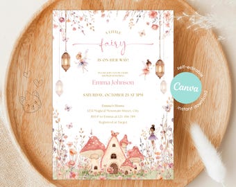 Fairy Baby Shower Invitation: Editable Whimsical Girl On Her Way Canva Template (Printable and Digital)