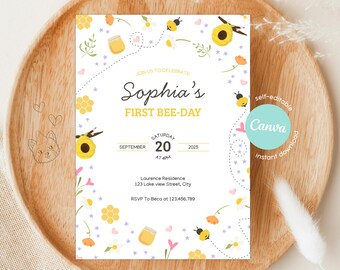 May include: A bee-themed invitation for a first birthday, featuring the text "Sophia's FIRST BEE-DAY." The design includes bees, sunflowers, honey pots, and floral accents. The date is September 20, 2025, with a time of 4:00 PM. The invitation is self-editable and an instant download.