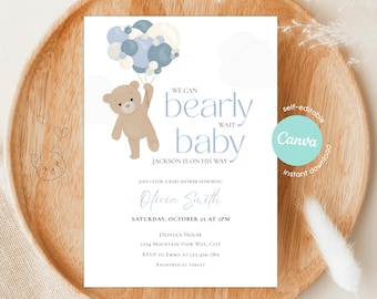 Invitación editable para baby shower con osito de peluche azul: Invitación para baby shower de niño "Ya casi no podemos esperar" (Plantilla imprimible y digital)