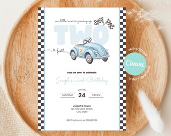Two Fast Birthday Invitation: Editable Canva Template Vintage 2nd Racing Car (Printable and Digital | Instant Download)