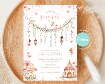 Fairy First Birthday Invitation: Editable Whimsical Girl 1st Garden Canva Template (Printable and Digital)