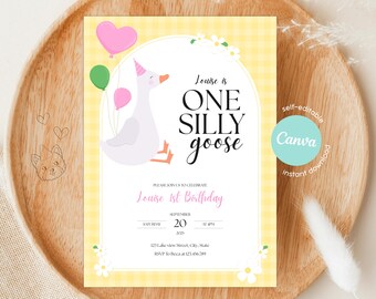 May include: A birthday invitation with a cartoon goose wearing a party hat, holding balloons. The text reads "Louise is ONE SILLY goose" and includes party details. The design is on a yellow gingham background.