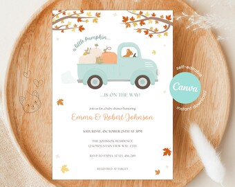 May include: Baby shower invitation featuring a light blue truck carrying pumpkins, with text "a little pumpkin... is on the way!" and details for Emma & Robert Johnson's shower. Includes fall leaf accents and Canva logo.