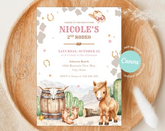 Cowgirl Birthday Invitation: Pink Rodeo Party, Editable Canva Western Theme (Printable and Digital)