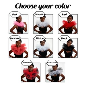 May include: An image showcasing a selection of ruffled collar necklaces in various colors, including pink, milky white, red, coral red, white, black, red and black, and black and white. The text "Choose your color" is at the top.