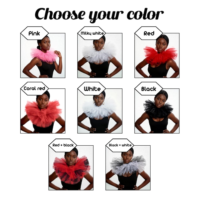 May include: An image showcasing a selection of ruffled collar necklaces in various colors, including pink, milky white, red, coral red, white, black, red and black, and black and white. The text "Choose your color" is at the top.