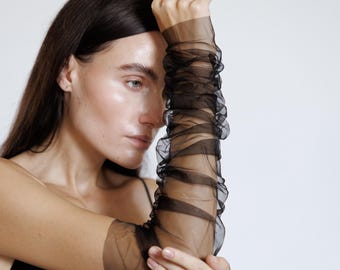 Schwarze Ärmel für Kleid, schiere Ärmel, abnehmbare Ärmel, Brautärmel, gotische Hochzeitärmel, Tüllärmel, Netzärmel, Add-on-Ärmel