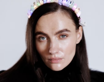 Crystal Tiara Crown, Led tiara, Light up crown, Quartz Headpiece, Party crown, Quartz Crown, Glowing Tiara, Rave halo, Stone tiara