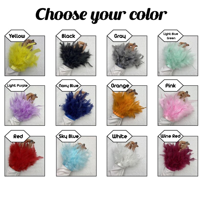 May include: An image showcasing a variety of feather wrist cuffs in multiple colors. The text "Choose your color" is at the top. Colors include yellow, black, gray, light blue, green, light purple, navy blue, orange, pink, red, sky blue, white, and wine red.