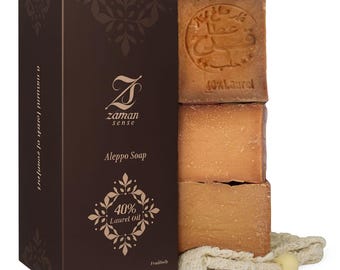 Handgemaakte Aleppo-zeep, 40% laurierolie, gratis sisalzakje, set van 3, Zaman Sense