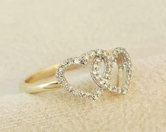 10K Gold Dainty Heart Ring, Natural Diamond Heart Ring, White Gold Ring, Heart Promise Ring, Stackable Ring, Fashion Ring