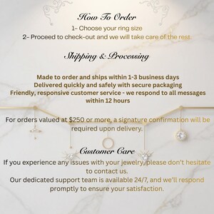 May include: Text on a cream-coloured background with gold accents. The text includes instructions on how to order jewellery, shipping and processing details, and customer care information. The text is in a serif font.