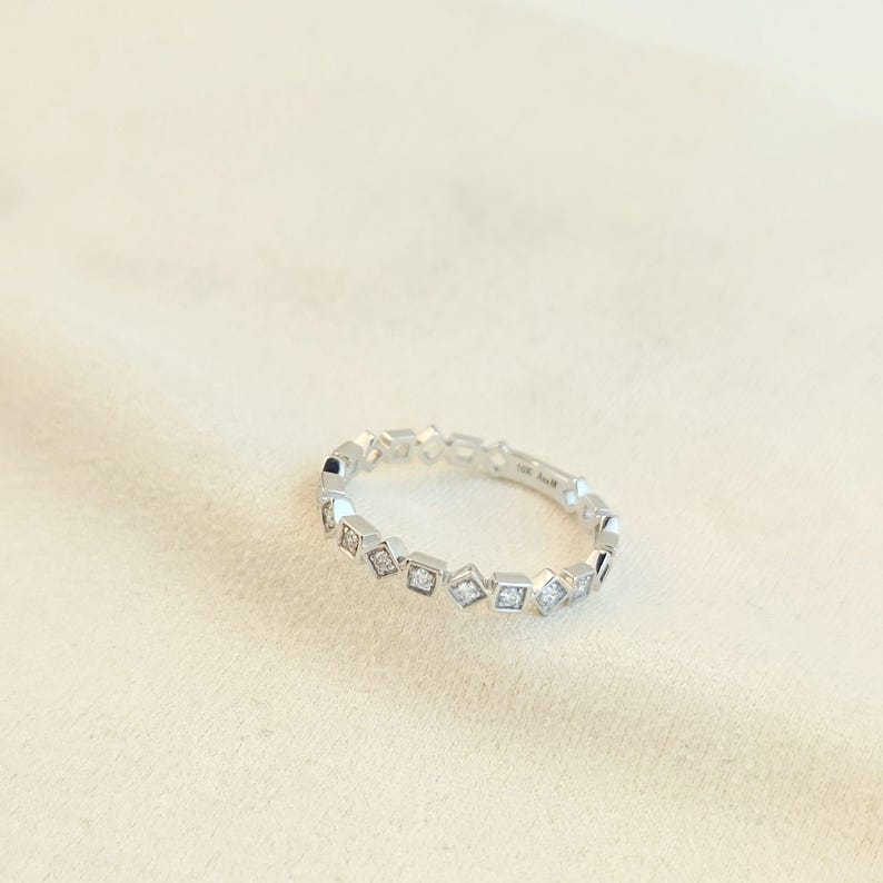 10K Solid Gold Diamond Geometric Eternity Band Ring, Modern Minimalist Stackable Ring image 5