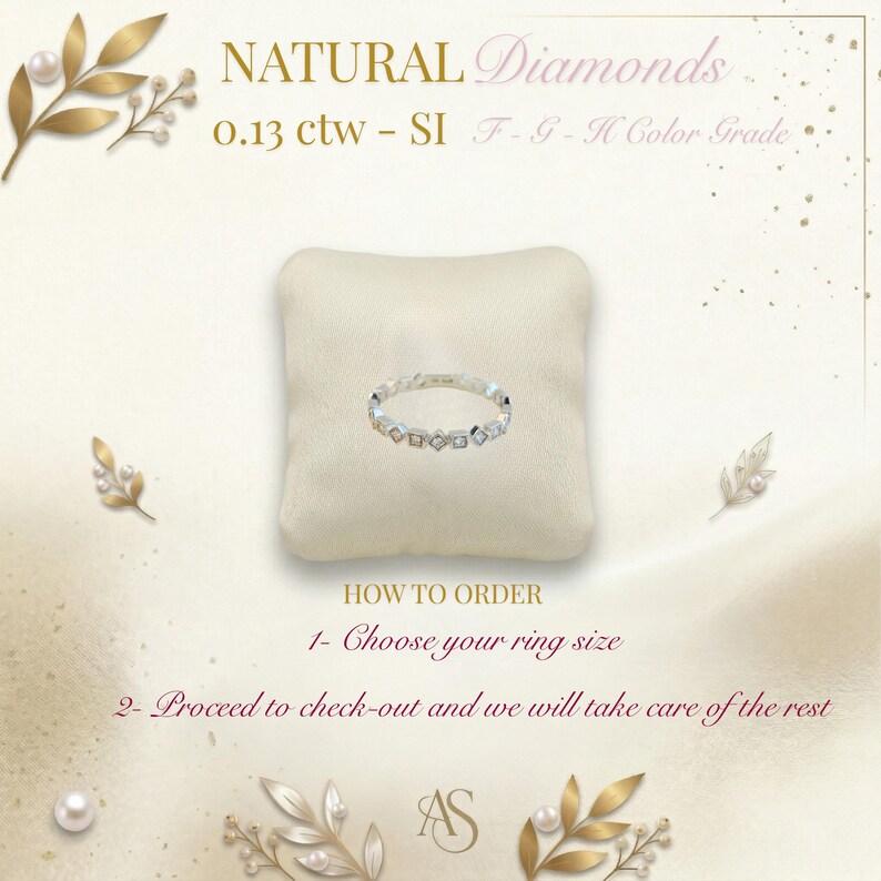 May include: A diamond ring with a geometric design, displayed on a cream-coloured pillow. The ring features multiple small diamonds. The text reads "NATURAL Diamonds" and "0.13 ctw - SI F-G-H Color Grade". Instructions on how to order are also included.