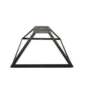 May include: A black metal pyramid-shaped base frame with a flat square top plate featuring a central hole surrounded by eight smaller circular perforations. The structure consists of four angled support bars connecting the top plate to a square base.