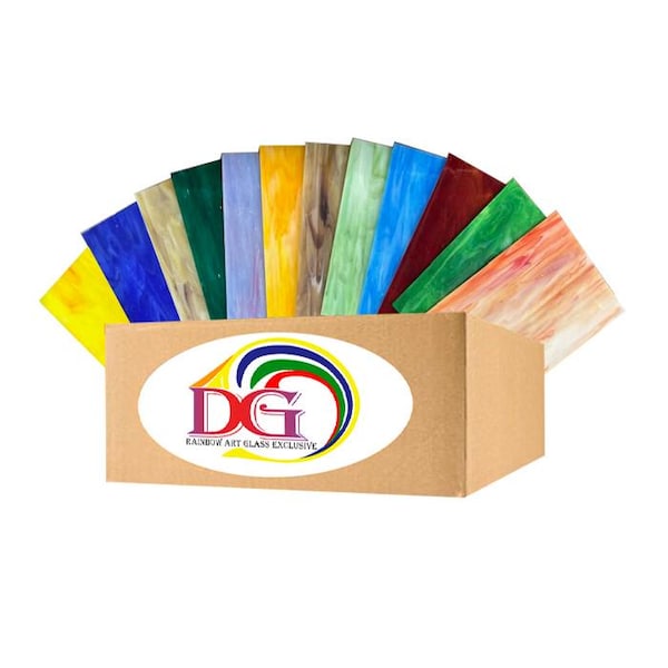Variety Pack of 12 Stained and Mosaic Glass Opal Colors - 4"x6" rectangles.