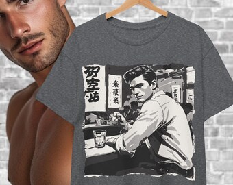 Camiseta con escena de bar gay noir en Tokio, arte en blanco y negro, vida nocturna japonesa