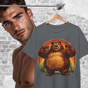 Chemise drôle d'ours musculaire rétro coucher de soleil chamois ours dessin animé gros t-shirt ours du ventre Gay Bear Vibes hommes unisexe