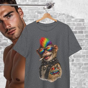 Camiseta Punk Monkey Orgullo Nacido para Montar Arcoíris Mohawk Tatuaje Motociclista Divertido Gay LGBTQ Regalo