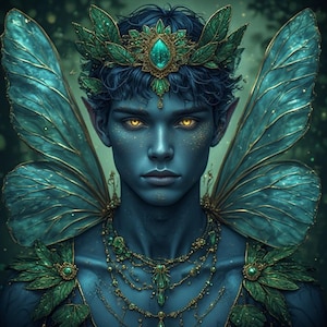 May include: A square wall art print featuring a blue-skinned figure with large, translucent teal butterfly wings, glowing yellow eyes, and a crown and necklace made of green leaves and gold filigree against a dark, bokeh-spotted background.