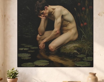 Figura masculina melancólica junto al estanque, arte de pared en lienzo gay clásico romántico oscuro