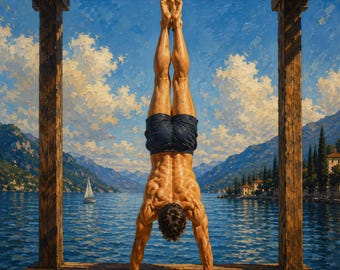 Male Handstand Wall Art, Lake Landscape Athlete Print, Fitness Decor Digital Download