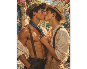 Lienzo de pareja gay besándose, romance en un jardín mediterráneo, arte mural LGBTQ
