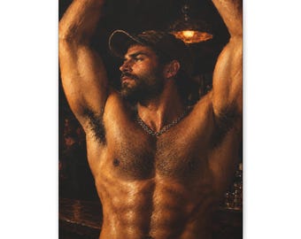 Gay Bear Canvas Art, Bearded Man in Vintage Tavern, Masculine LGBTQ Wall Decor