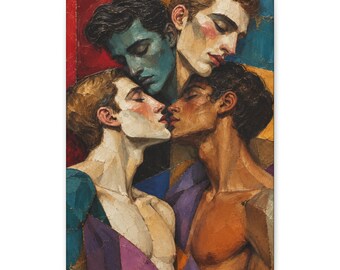 Lienzo con retrato cubista de cuatro hombres homosexuales, arte mural LGBTQ colorido