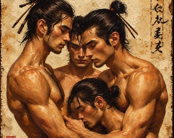 May include: An oil painting depicting four individuals with dark hair styled in buns with hair sticks. The figures have muscular builds and are positioned close together against a textured, beige background with black calligraphy text.