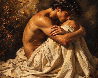 Contemplative Male Portrait Canvas, Seated Man in Ivory Drapery, Moody Wall Art