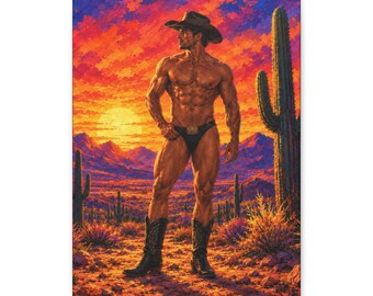 Lienzo de vaquero gay, figura masculina al atardecer en el desierto, arte mural del oeste colorido