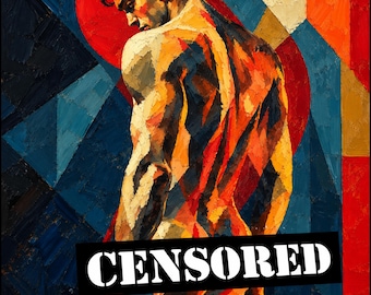 May include: An oil painting of a muscular figure seen from the back, with the head turned to the side. The artwork features thick, textured brushstrokes in shades of red, orange, blue, and yellow. A black rectangular bar with the white text CENSORED.