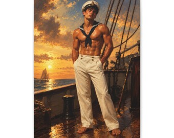 Lienzo de marinero gay, hombre guapo en un barco al atardecer, arte mural náutico